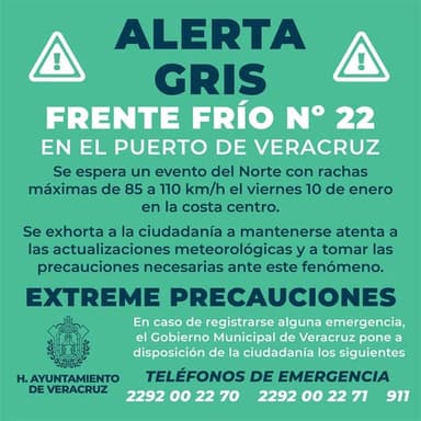 ImagenAlerta Gris por Frente Frío 22 en Puerto de Veracruz
