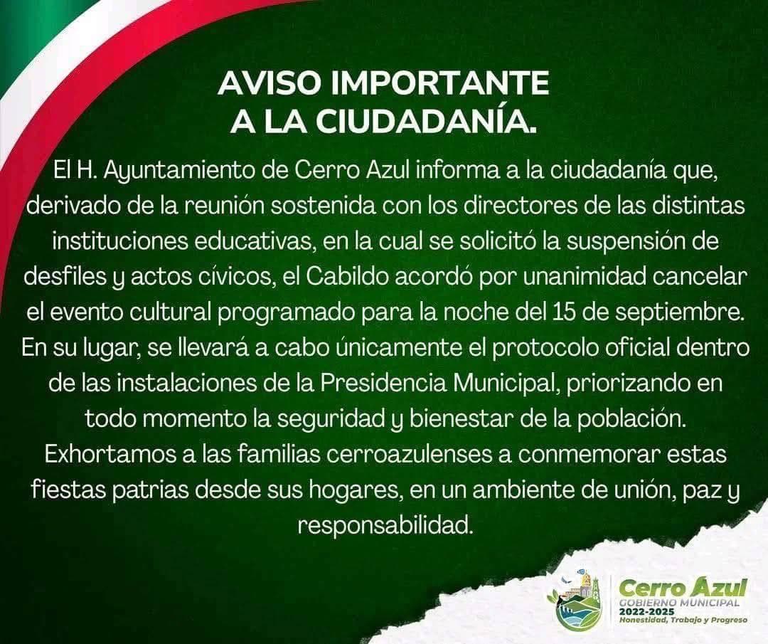 Suspenden "Grito" en Cerro Azul Veracruz por inseguridad