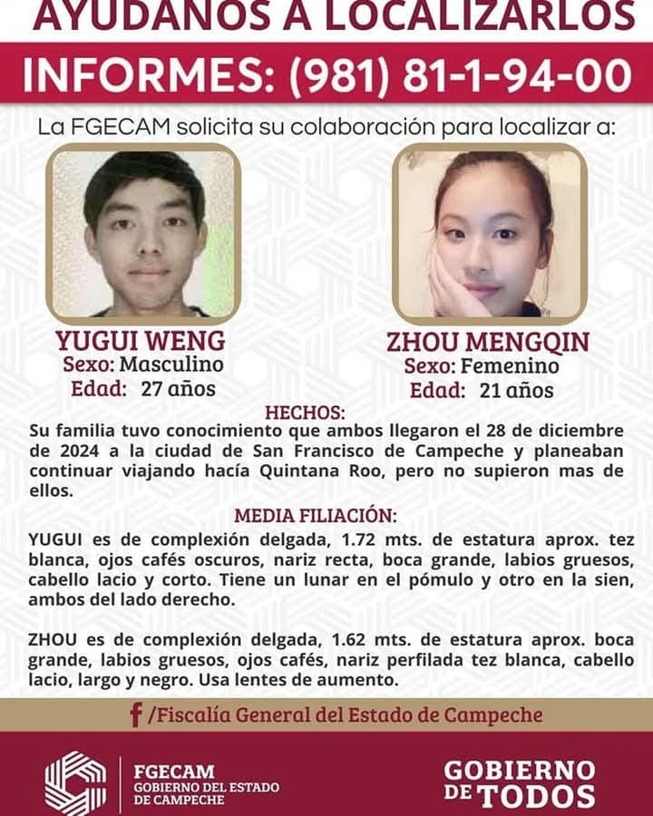 Desaparecen dos turistas chinos en Campeche