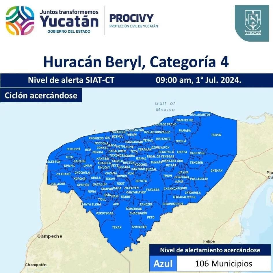 Yucatán en alerta azul por llegada del Huracán "Beryl"