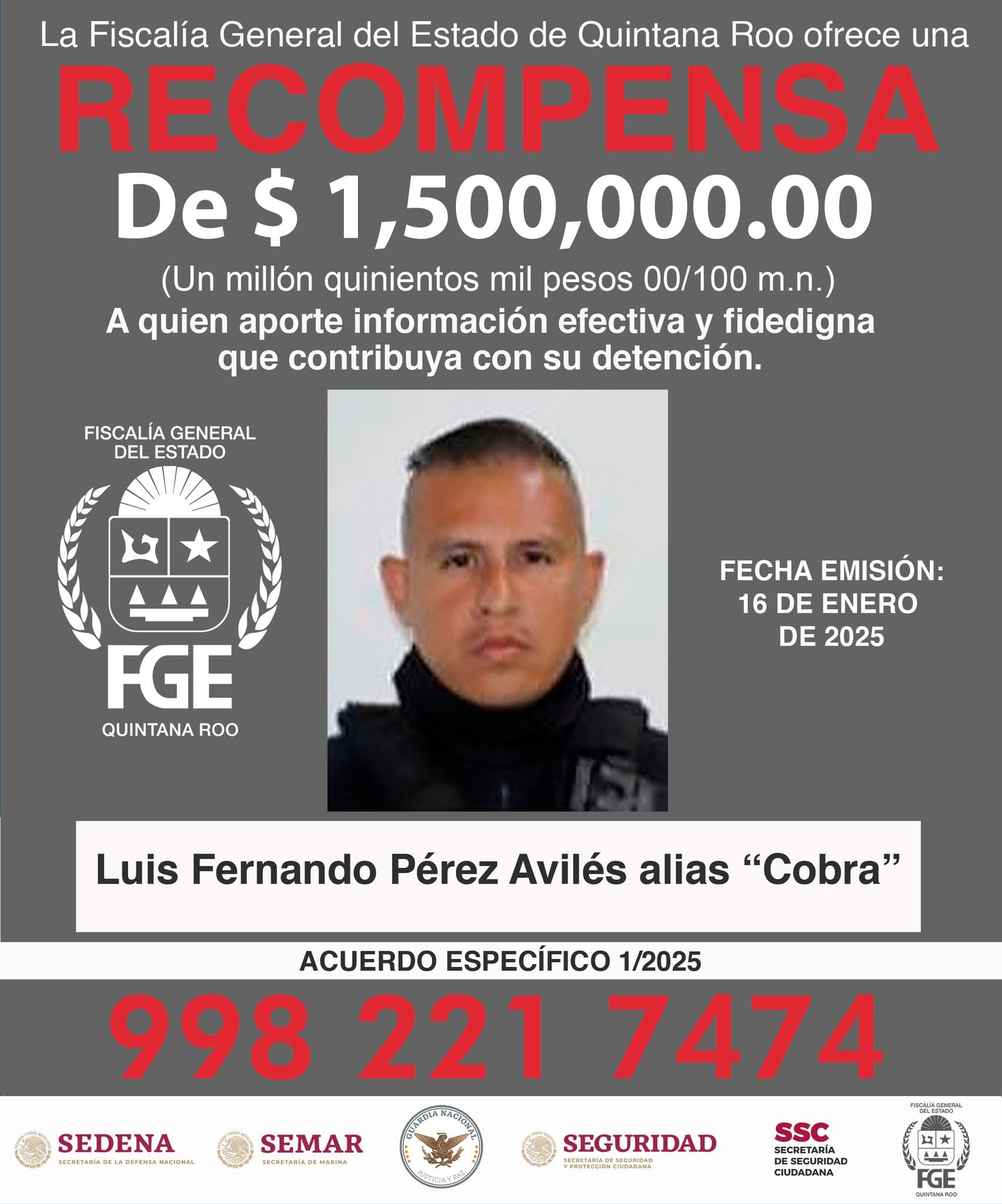 Dan 1.5 mdp por captura de ex policías en QRoo