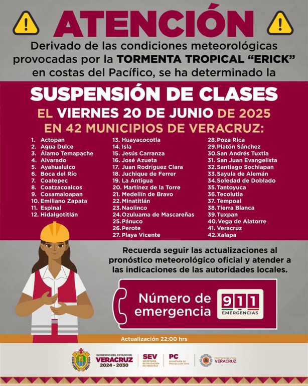 Suspenden clases en 42 municipios en Veracruz