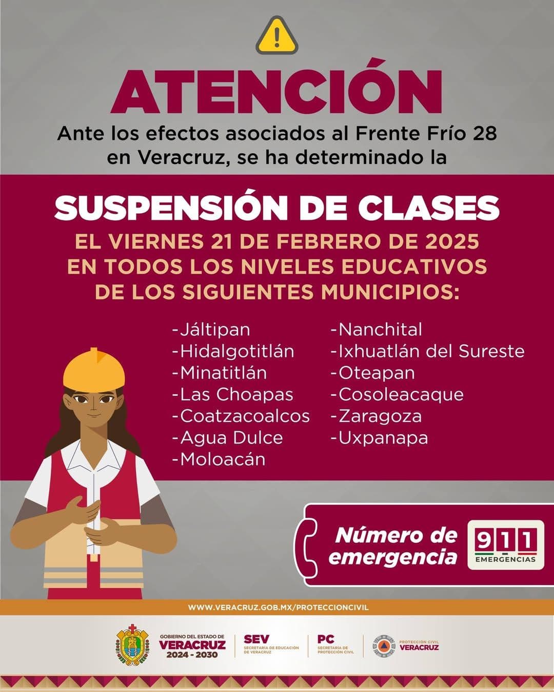 Suspenden clases este viernes por Frente Frío en 13 municipios del sur de Veracruz