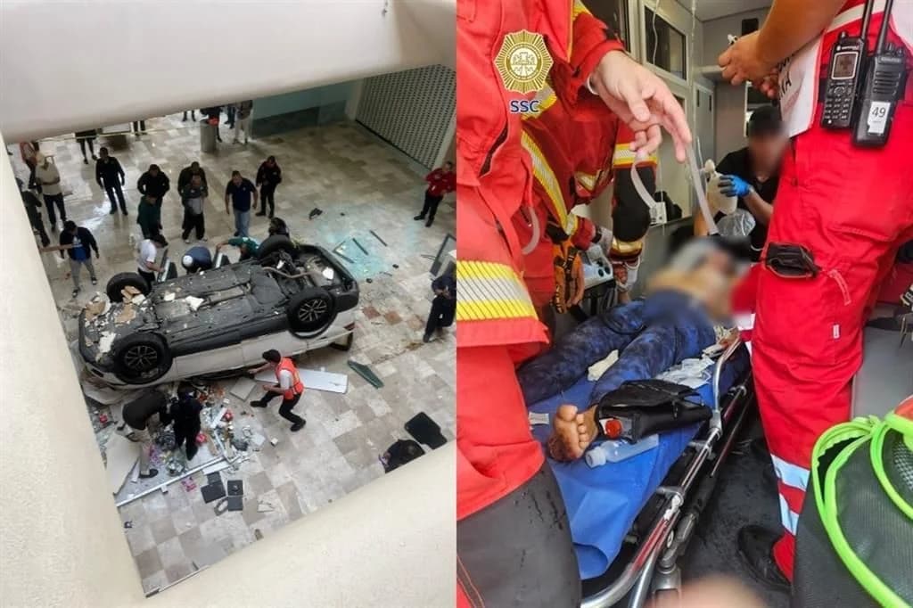 Cae auto de tercer piso dentro de plaza de Lomas de Bezares 