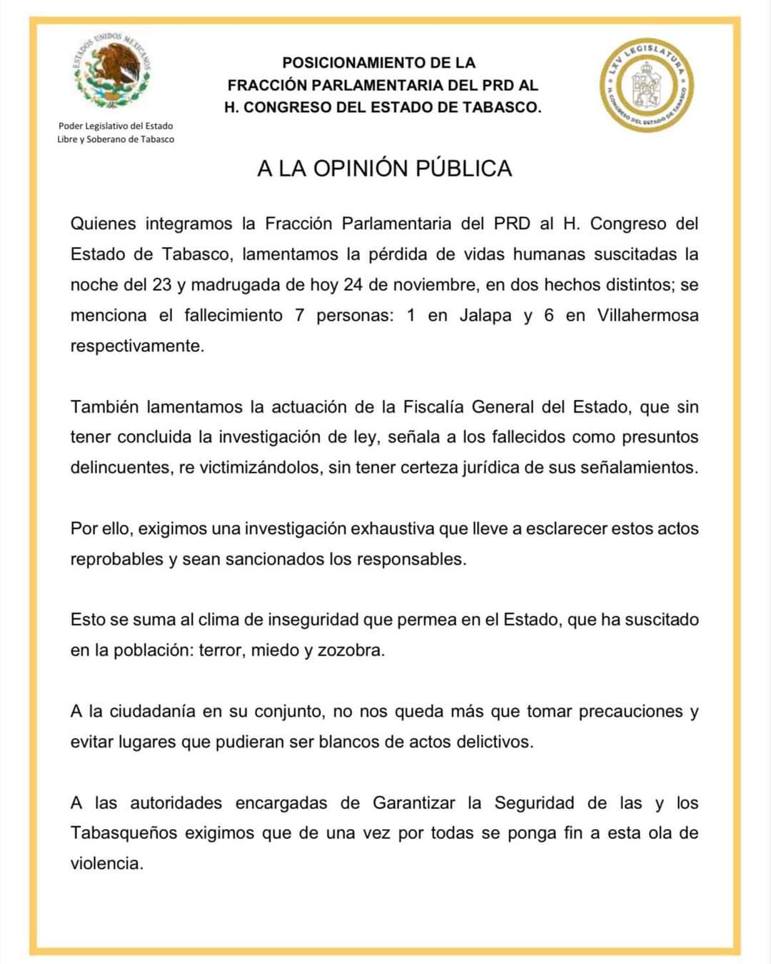 Terror y miedo invaden Tabasco, condena oposición