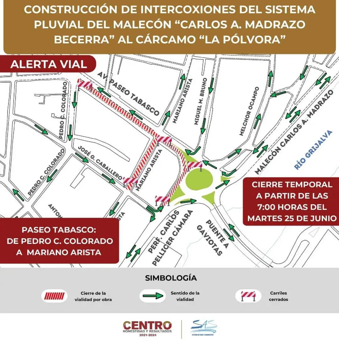 Cierre por obras de socavón de Paseo Tabasco a la calle Pedro C. Colorado