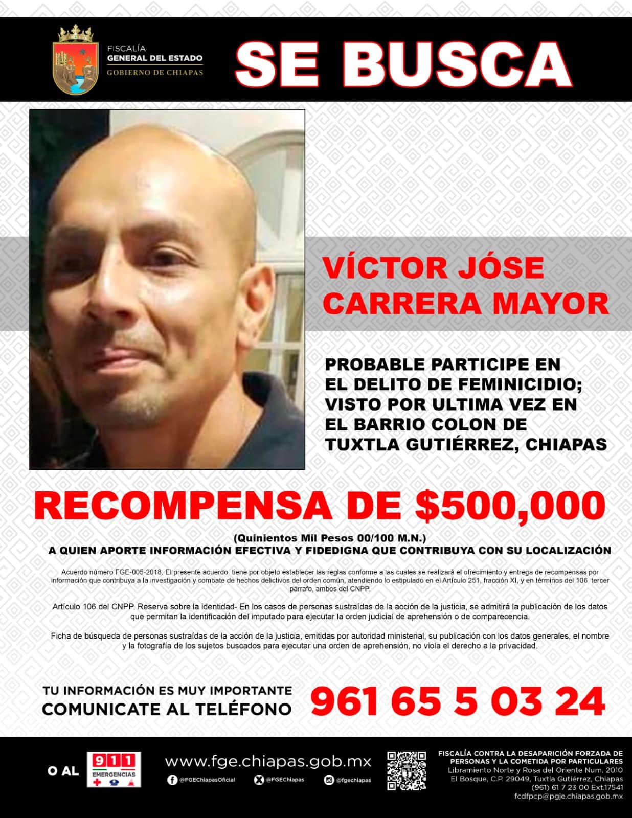 Ofrece Fiscalía 500 mil pesos de recompensa para ubicar a presunto feminicida