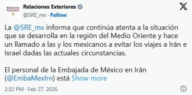 ImagenMéxico pide no viajar a Israel e Irán 
