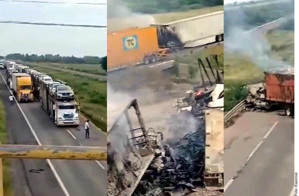 Bloquean vía en Sinaloa con camiones incendiados 