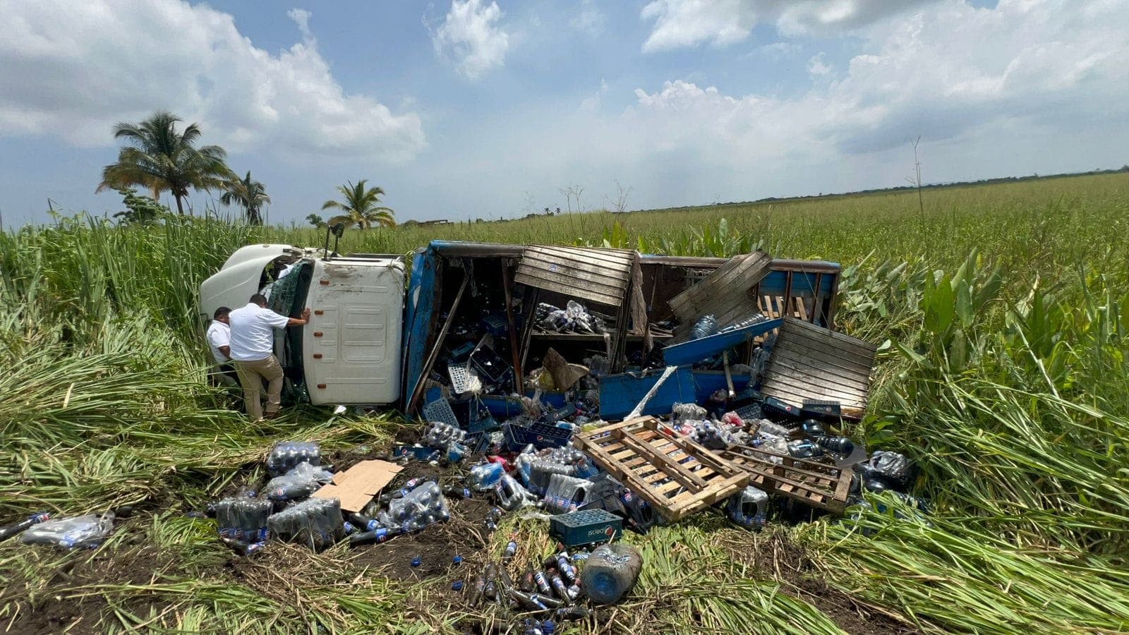 Camión refresquero vuelca en pantano
