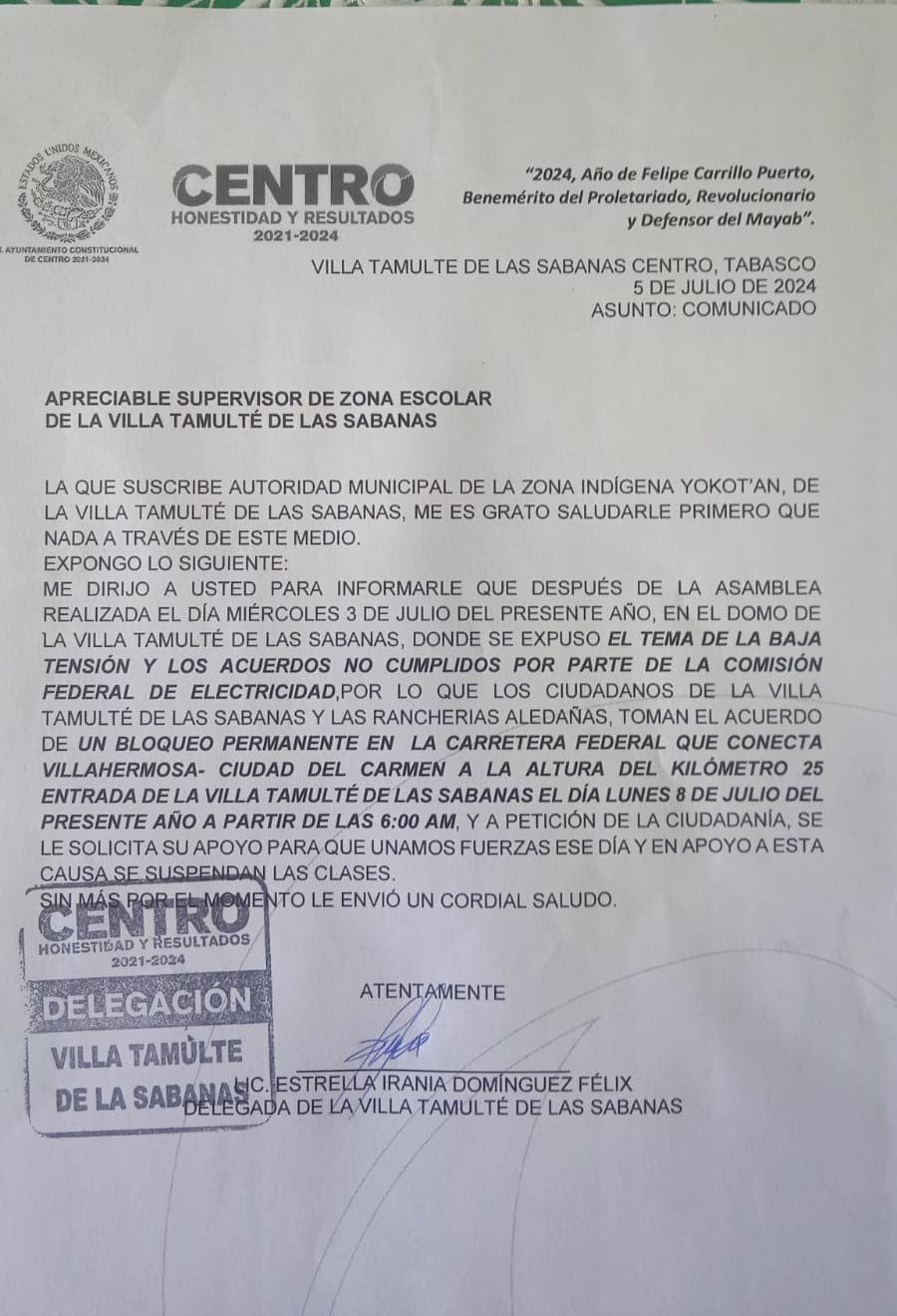 Sumarán a escuelas a plantón contra CFE en Tamulté de las Sabanas  