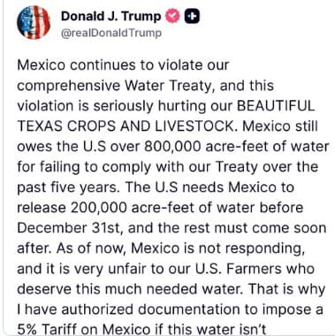 ImagenAmenaza Trump con aranceles a México por agua 