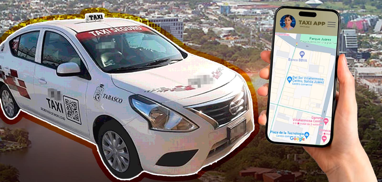 En puerta, taxímetro en Tabasco