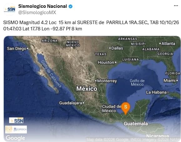 Sorprende sismo a tabasqueños mientras dormían 4.2