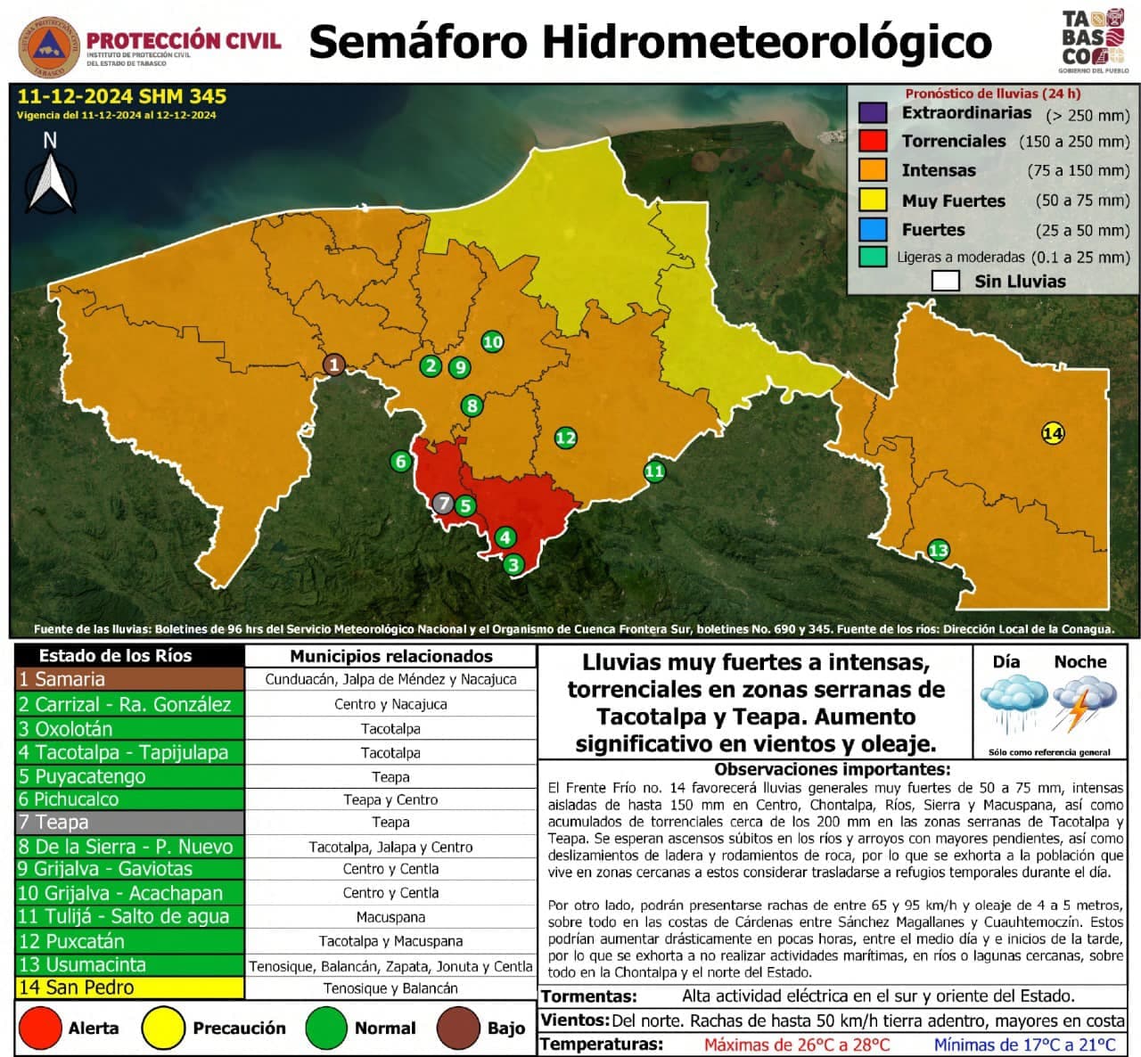 Vienen lluvias fuertes para Tabasco