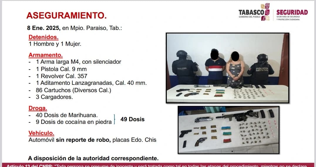 Capturan a jefe criminal de plaza en Paraíso