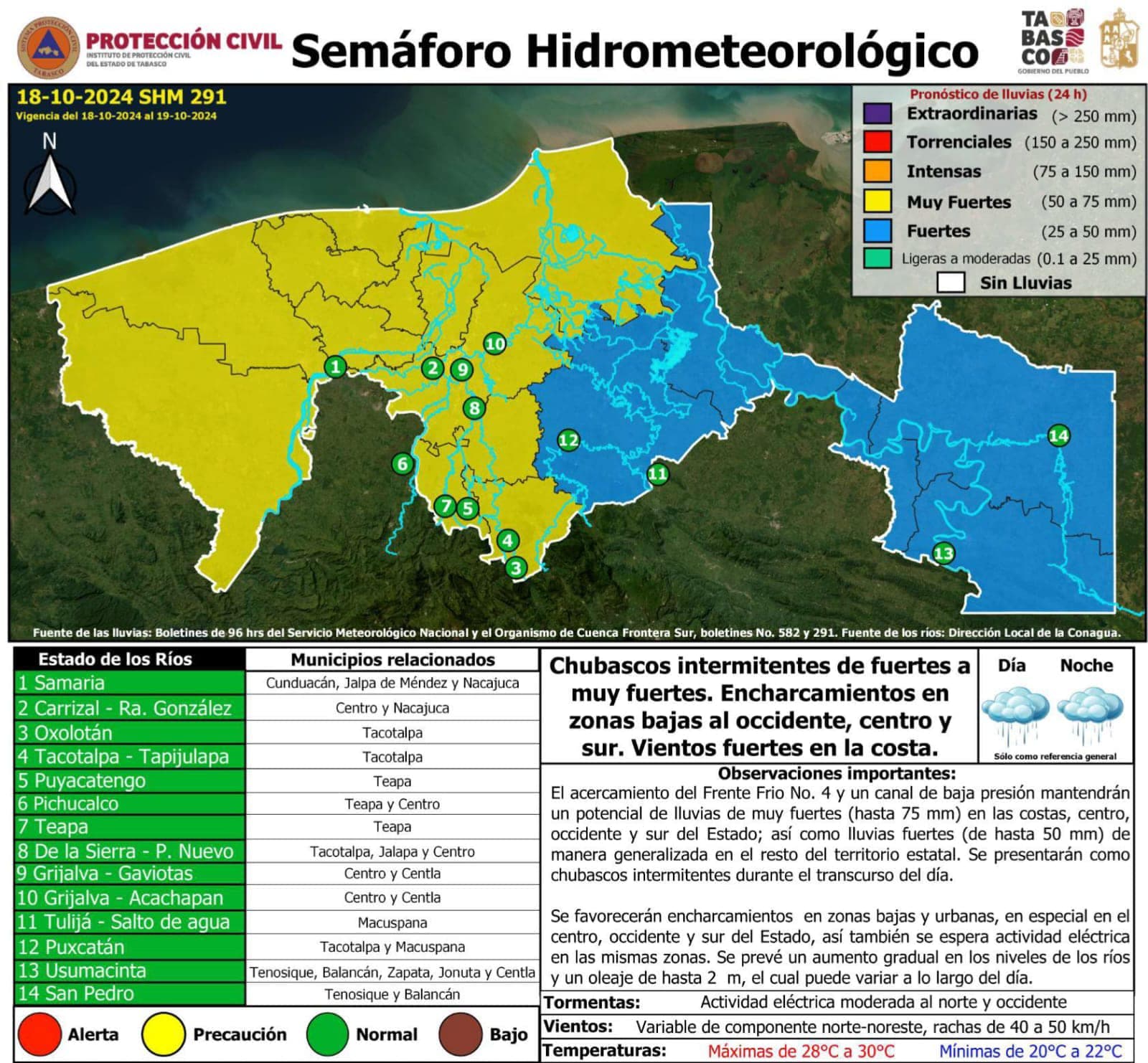 Frente frio No. 4 provoca lluvias en Tabasco