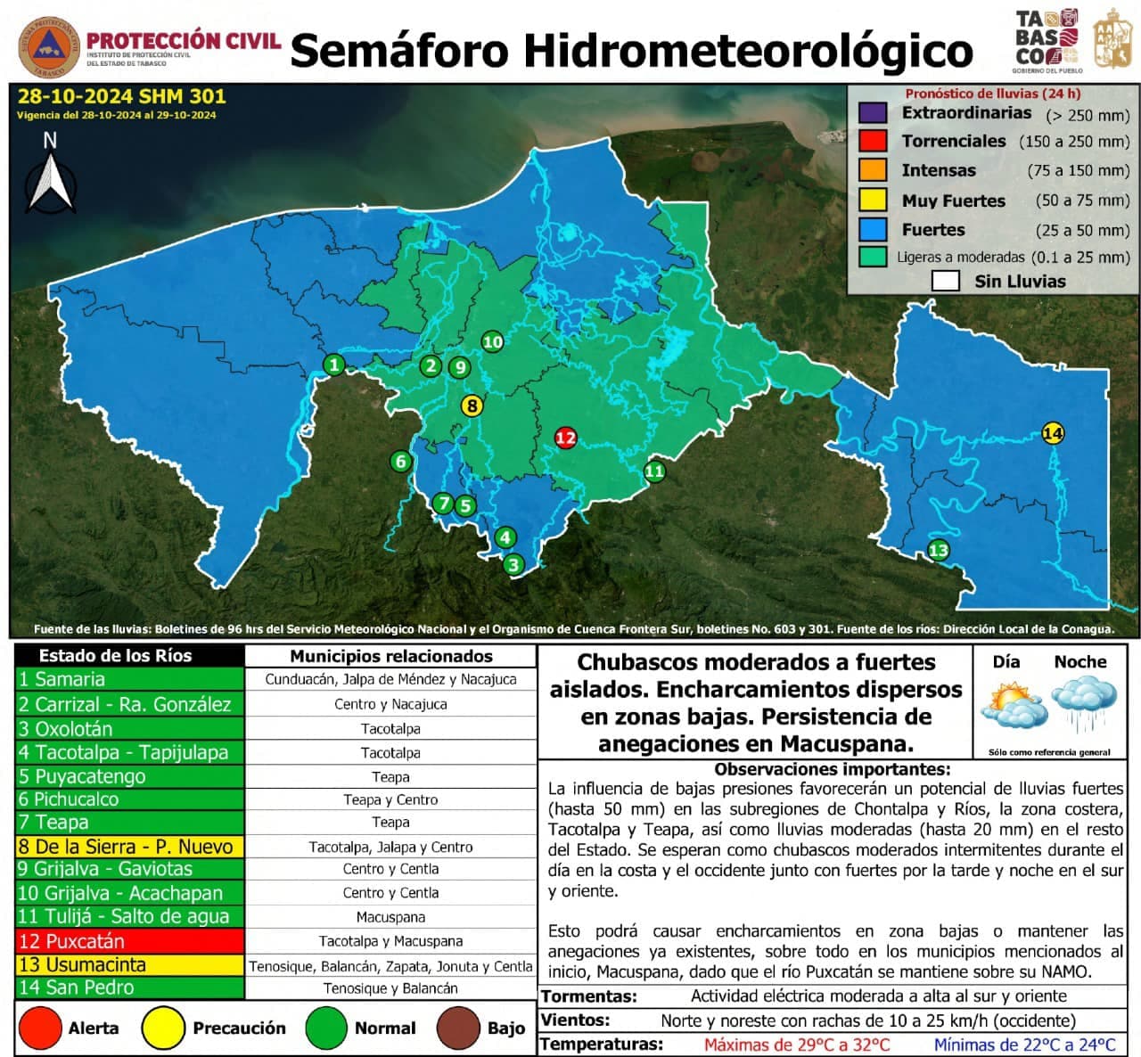 Seguirán lluvias fuertes en Tabasco