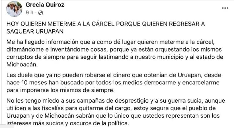 Alcaldesa de Uruapan denuncia plan de encarcelarla