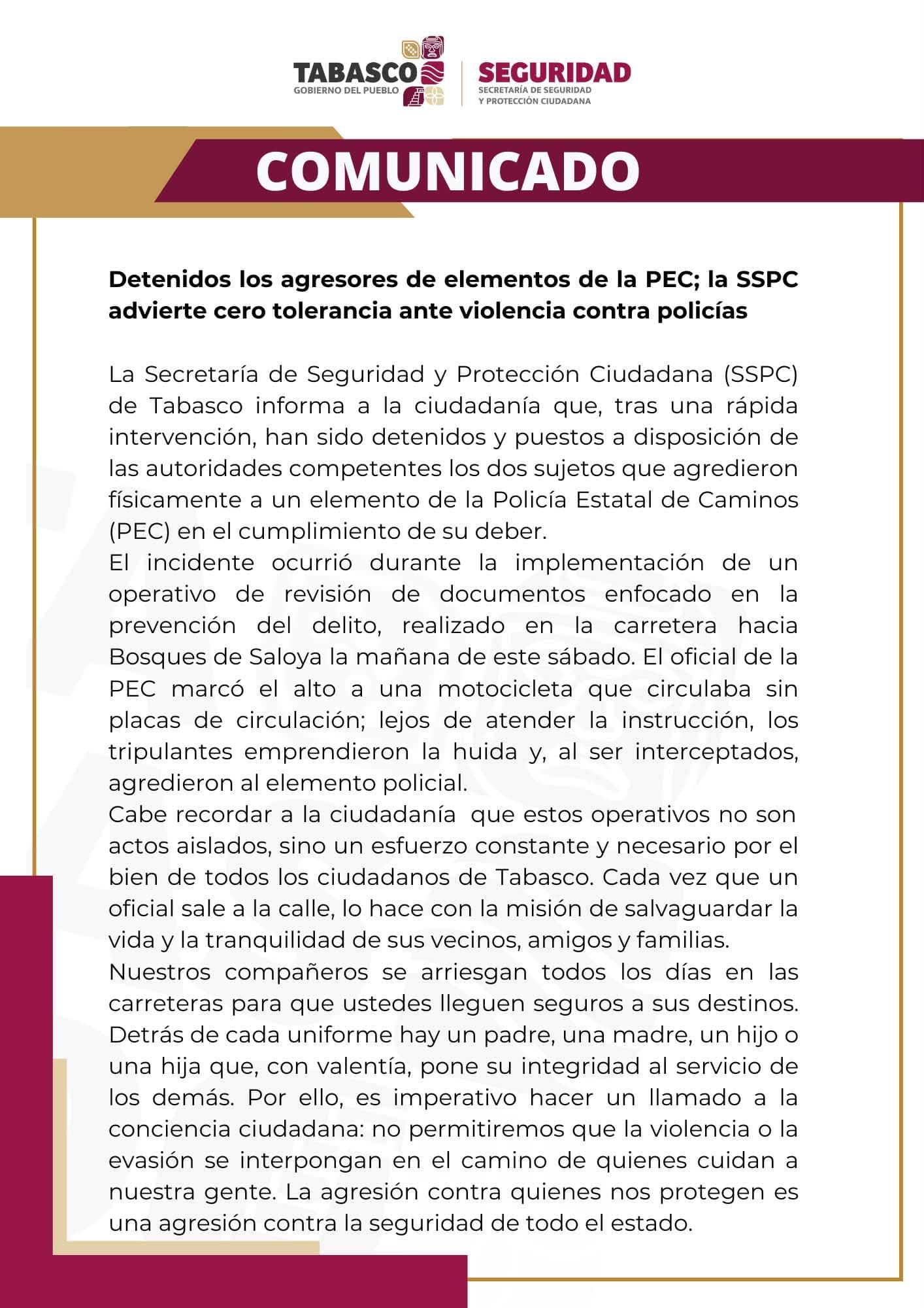 Cero tolerancia asegura SSPC tras agresión a elemento de la PEC